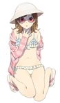  :o arm_behind_back bangs bikini bikini_under_clothes breasts brown_eyes brown_hair cleavage flip-flops frilled_bikini frills front-tie_bikini front-tie_top full_body hand_to_own_mouth hat jacket kneeling long_sleeves looking_at_viewer mattaku_mousuke navel off_shoulder open_clothes open_jacket original print_jacket red_jacket sandals side-tie_bikini simple_background small_breasts solo star star_print striped_jacket sunglasses surprised swimsuit unzipped white-framed_eyewear white_background white_hat 