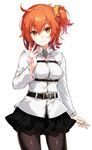  ahoge arisaka_ako belt black_legwear breasts chaldea_uniform command_spell fate/grand_order fate_(series) fujimaru_ritsuka_(female) hair_ornament hair_scrunchie highres long_sleeves looking_at_viewer medium_breasts one_side_up orange_hair orange_scrunchie pantyhose scrunchie short_hair skirt smile solo uniform yellow_eyes 