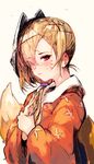  asymmetrical_hair blonde_hair blush closed_mouth commentary_request expressionless eyebrows_visible_through_hair fox_mask fox_tail from_side hair_ornament hair_over_one_eye hair_over_shoulder hair_tie hand_on_own_wrist japanese_clothes kimono long_hair long_sleeves looking_to_the_side low_ponytail maido_mido mask mask_on_head orange_kimono original red_eyes simple_background solo sweat tail tsurime upper_body whisker_markings wide_sleeves x_hair_ornament yellow_background 