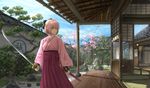  ahoge architecture bangs black_bow blonde_hair bow cherry_blossoms closed_mouth commentary_request day east_asian_architecture fate_(series) garden grey_eyes hair_bow hakama high-waist_skirt highres holding holding_sword holding_weapon japanese_clothes katana kimono koha-ace okita_souji_(fate) okita_souji_(fate)_(all) pink_kimono pleated_skirt purple_skirt revision scabbard sheath skirt sky solo sugi87 sword tree wall weapon 