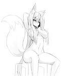  2017 animal_humanoid athletic big_breasts big_tail breasts canine convenient_censorship fox fox_humanoid hair hair_covering_breasts hand_behind_head huge_breasts humanoid inner_ear_fluff long_hair mammal monochrome navel nude raised_arm simple_background sitting sketch slit_pupils solo sub-res thick_thighs voluptuous white_background wide_hips 