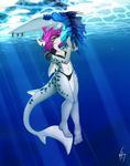  5_toes anthro bikini blue_hair breasts clothing day duo female female/female fin fish hair kissing marine navel outside partially_submerged purple_hair shark swimsuit toes underwater water wide_hips wolfirry 