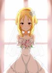  1girl blush eromanga_sensei flower happy light_smile looking_at_viewer married necklace pov smile solo wedding_dress yamada_elf 