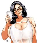  1girl black_hair blue_eyes breasts cellphone cleavage cleavage_cutout glasses head_tilt heart_cutout holding huge_breasts imakunni milf phone selfie sideboob simple_background smartphone solo upper_body wavy_hair white_background 