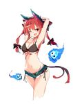  alternate_costume animal_ears armpits arms_behind_head bangs bikini black_bikini blue_fire bow breasts cat_ears cat_tail denim denim_shorts fang fire floating_skull hair_between_eyes hair_bow hips kaenbyou_rin looking_at_viewer medium_breasts multiple_tails navel one_eye_closed red_eyes red_hair ribbon shiny shiny_hair short_shorts shorts simple_background sketch slit_pupils solo swimsuit tail tetsurou_(fe+) thighs touhou twintails two_tails white_background 