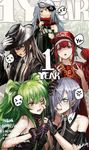  anger_vein artist_name black_hair blue_eyes brown_hair cz-75_(girls_frontline) dress fighting fingerless_gloves formal g11_(girls_frontline) girls_frontline gloves green_hair hand_gesture hat infukun long_hair m950a_(girls_frontline) messy_hair mg5_(girls_frontline) microphone multiple_girls nz_75_(girls_frontline) red_eyes red_hair short_hair silver_hair slit_pupils yellow_eyes 