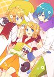  2boys :d akiyoshi_(tama-pete) artist_self-insert blonde_hair blue_eyes blue_hair blush brother_and_sister cat cattail collaboration commentary_request dress flower hair_flower hair_ornament hair_ribbon hairclip kagamine_len kagamine_rin kaito lying multiple_boys open_mouth plant ribbon sailor_collar scarf short_hair short_ponytail siblings smile twins vocaloid yoshiki 