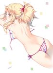  ass bangs bikini blonde_hair blush bow breasts commentary_request eromanga_sensei eyebrows_visible_through_hair hair_bow looking_at_viewer looking_back lying medium_breasts min-naraken on_stomach ponytail side-tie_bikini sideboob signature simple_background solo striped striped_bikini swimsuit topless white_background yamada_elf 