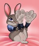  abstract_background anthro clothed clothing disney eyelashes female foot_focus fur grey_fur judy_hopps lagomorph mammal police police_uniform rabbit solo source_request uniform unknown_artist zootopia 