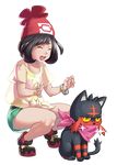  :d bandana_over_mouth bracelet closed_eyes floral_print full_body gen_7_pokemon green_shorts hat jewelry litten metalmorag mizuki_(pokemon) open_mouth pokemon pokemon_(creature) pokemon_(game) pokemon_sm red_hat shirt shoes shorts smile sneakers squatting t-shirt tied_shirt transparent_background 