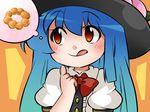  :q blue_hair blush bow bowtie collared_shirt commentary doughnut finger_to_cheek food food_on_head fruit fruit_on_head hammer_(sunset_beach) hat hinanawi_tenshi licking_lips long_hair object_on_head orange_background peach pon_de_ring puffy_short_sleeves puffy_sleeves red_eyes shirt short_sleeves solo thinking tongue tongue_out touhou 