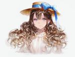  artist_name bangs blue_bow blue_eyes blue_ribbon boater_hat bow brown_hair commentary dress graphite_(medium) hair_between_eyes hat hat_bow hat_ribbon illak long_hair looking_at_viewer original parted_lips ribbon signature solo traditional_media upper_body wavy_hair white_dress 