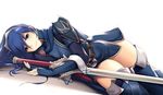  armor artist_name belt blue_cape blue_eyes blue_footwear blue_gloves blue_hair blush boots cape closed_mouth commentary dutch_angle elbow_gloves emblem falchion_(fire_emblem) fingerless_gloves fire_emblem fire_emblem:_kakusei gloves hair_between_eyes long_hair looking_at_viewer lucina lying on_side pauldrons shoulder_pads simple_background solo striped striped_legwear symbol-shaped_pupils tareme thigh_boots thigh_gap thighhighs thighs tiara tony_guisado unsheathed vertical-striped_legwear vertical_stripes white_background 