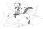  2017 bent_over big_breasts blush bottomless braided_hair breasts clothed clothing female fur greyscale hair horn humanoid hybrid long_tail looking_at_viewer monochrome monster_girl_(genre) outside partially_clothed pointy_ears reptile rock scales scalie sketch slit_pupils solo sub-res water 