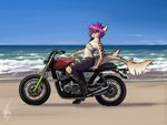  5_fingers anthro beach breasts clothed clothing day female fin fin_piercing fish furgonomics furry-specific_piercing hair marine midriff motorcycle navel outside piercing purple_hair seaside shark shore sitting smile solo vehicle water wolfirry yellow_eyes 