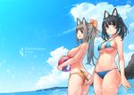  :&lt; :3 :d animal_ears arukiru ass ball beachball bikini black_hair blue_bikini blue_eyes blue_sky bow breasts brown_hair cat_ears cat_tail cloud cowboy_shot day hair_bow highres large_breasts long_hair looking_at_viewer multiple_girls navel open_mouth orange_bikini original outdoors outstretched_hand parted_lips ponytail sideboob sky smile strap_gap string_bikini swimsuit tail twintails underboob wet wet_hair 