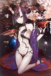  alcohol anklet barefoot barefoot_sandals blush breasts commentary_request cup eyebrows_visible_through_hair fate/grand_order fate_(series) food fruit full_body grapes horns japanese_clothes jewelry kimono kneeling looking_at_viewer navel oni oni_horns orange pale_skin purple_eyes purple_hair revealing_clothes sakazuki sake short_hair shuten_douji_(fate/grand_order) small_breasts smile solo untsue 