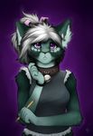 5_fingers anthro cat clothed clothing collar eyelashes feline female fur green_fur hair looking_at_viewer mammal purple_background purple_eyes simple_background solo white_hair wolfirry 