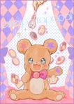  :d blush blush_stickers bow cookie curtains eyes food highres mahou_girls_precure! mofurun_(mahou_girls_precure!) nenne321 no_humans open_mouth out_of_frame precure smile star star-shaped_pupils stuffed_animal stuffed_toy symbol-shaped_pupils teddy_bear text_focus wand 