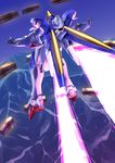  energy_wings flying from_behind fujimo_ruru gundam highres mecha no_humans standing v2_gundam victory_gundam 