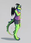  anthro blue_eyes curved_horn digitigrade dragon fur green_fur horn male membranous_wings simple_background smile solo standing wings wolfirry 