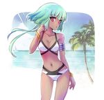  armlet beach bikini blue_sky boat bracelet breasts cleavage commentary day emerald_sustrai green_hair iesupa jewelry medium_breasts navel palm_tree red_eyes rwby short_hair_with_long_locks sky solo swimsuit tree water watercraft 