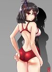  adjusting_clothes adjusting_swimsuit alternate_costume ass bare_shoulders black_hair competition_swimsuit grey_background hair_ornament headgear highres kantai_collection looking_back momiji_(103) one-piece_swimsuit red_eyes shadow short_hair solo swimsuit yamashiro_(kantai_collection) 