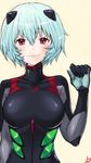 absurdres aqua_hair ayanami_rei bangs beige_background black_bodysuit blush bodysuit breasts breasts_apart clenched_hand closed_mouth covered_collarbone evangelion:_3.0_you_can_(not)_redo eyebrows_visible_through_hair gloves graphite_(medium) hair_between_eyes hand_up headgear highres hirune_(rekipon) light_smile lips looking_at_viewer medium_breasts neon_genesis_evangelion number pilot_suit plugsuit rebuild_of_evangelion red_eyes short_hair simple_background skin_tight smile solo traditional_media turtleneck upper_body 
