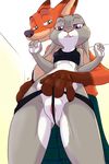  2017 akiric anthro assisted_exposure biting_lip bra breasts buckteeth canine clothed clothing disney duo female fox half-closed_eyes judy_hopps lagomorph low-angle_view male male/female mammal nick_wilde panties panty_pull pussy rabbit smile teeth underwear zootopia 