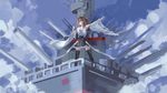  absurdres ahoge battleship blush breasts brown_hair cleavage clenched_hand cloud detached_sleeves grin highres kantai_collection kongou_(kantai_collection) long_hair medium_breasts military military_vehicle nontraditional_miko outstretched_arm shenhaixun ship sketch skirt smile solo turret warship watercraft wide_sleeves 