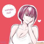  breasts enlay fate/grand_order fate_(series) large_breasts purple_hair red_eyes red_hair scathach_(fate/grand_order) short_hair smile solo tank_top white_shirt 