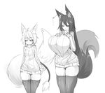  2017 animal_humanoid big_breasts big_tail breast_size_difference breasts canine clothed clothing duo ear_piercing female fluffy fluffy_tail fox fox_humanoid greyscale hair hair_tie half-closed_eyes huge_breasts huge_tail humanoid inner_ear_fluff kiri_(sub-res) legwear long_hair looking_at_viewer mammal monochrome one_eye_closed piercing simple_background sketch slit_pupils small_breasts smile standing sub-res suzu_(sub-res) sweater thigh_highs white_background wide_hips 