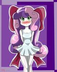  2017 alesarox blush breasts cleavage clothed clothing dress eyelashes female friendship_is_magic green_eyes hair hair_bow hair_ribbon human mammal multicolored_hair my_little_pony pink_hair purple_hair ribbons simple_background solo standing sweetie_belle_(mlp) two_tone_hair wide_hips 