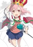  bangs blue_skirt blush brown_eyes cape commentary_request crown eyebrows_visible_through_hair fur_trim gochou_(atemonai_heya) holding holding_staff jacket koharu_yoshino looking_up open_clothes open_jacket open_mouth pink_hair sakura_quest shoes sketch skirt smile sneakers solo staff teeth 