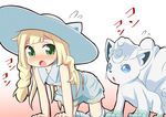  all_fours alolan_form alolan_vulpix blonde_hair blush braid commentary_request dokuta dress green_eyes hat lillie_(pokemon) long_hair open_mouth pokemon pokemon_(anime) pokemon_(creature) pokemon_sm_(anime) sleeveless sleeveless_dress sun_hat twin_braids white_dress white_hat 