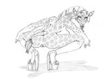  2017 anthro breasts butt collar crouching ear_piercing female giraffe greyscale kelly_krane looking_at_viewer looking_back mammal monochrome nude piercing platform_shoes pussy rear_view side_boob simple_background solo spots spread_legs spreading tail_tuft tongue tongue_out tuft wolfkidd 