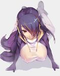  all_fours bent_over breasts covered_nipples emperor_penguin_(kemono_friends) hair_over_one_eye hanging_breasts headphones highres jacket kemono_friends large_breasts leotard long_hair looking_at_viewer multicolored_hair smile solo streaked_hair sue_(bg-bros) turtleneck 