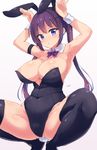  absurdres alternate_breast_size animal_ears armpits arms_up bad_id bad_pixiv_id bangs black_legwear black_leotard blush breasts bunny_ears bunny_pose bunny_tail bunnysuit commentary_request covered_navel eyebrows_visible_through_hair fake_animal_ears fake_tail gochuumon_wa_usagi_desu_ka? hair_ornament hairband hairclip highres large_breasts leotard long_hair looking_at_viewer nitro_(mugityaoisii) parted_lips purple_eyes purple_hair sidelocks simple_background solo spread_legs squatting strapless strapless_leotard tail tedeza_rize thighhighs thighs twintails wrist_cuffs 