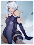  2017 android arm_support armlet arms_at_sides bangs bare_shoulders black_gloves black_legwear black_shorts blue_eyes breasts breasts_apart collarbone cowboy_shot dated elbow_gloves eyeliner gloves hair_over_one_eye highres knee_up lips makeup medium_breasts melvin_lam mole mole_under_mouth nier_(series) nier_automata nose parted_lips patterned_clothing pink_lips robot_joints short_hair short_shorts shorts signature silver_hair single_thigh_boot sleeveless small_breasts solo sword tank_top thighs weapon white_hair yorha_type_a_no._2 