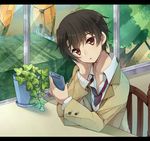  :o aldnoah.zero arm_support bangs black_hair blush brown_jacket cellphone chair collarbone collared_shirt commentary_request container expressionless eyebrows_visible_through_hair flower_pot hand_on_own_cheek head_rest head_tilt holding holding_phone indoors jacket kaizuka_inaho letterboxed long_sleeves looking_at_phone male_focus mecha necktie open_mouth phone plant potted_plant red_eyes red_neckwear shirt sitting smartphone table tree usamata white_shirt window wing_collar 