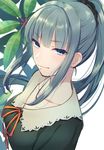  bangs bbbannooo blush breasts closed_mouth commentary_request eyebrows_visible_through_hair flowers_(innocent_grey) green_eyes grey_hair innocent_grey long_hair looking_at_viewer medium_breasts ponytail school_uniform sidelocks smile solo upper_body yatsushiro_yuzuriha 