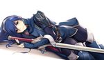  armor artist_name belt blue_cape blue_eyes blue_footwear blue_gloves blue_hair blush boots cape closed_mouth commentary dutch_angle elbow_gloves emblem falchion_(fire_emblem) fingerless_gloves fire_emblem fire_emblem:_kakusei gloves hair_between_eyes long_hair looking_at_viewer lucina lying on_side pantyhose pauldrons purple_legwear shoulder_pads simple_background solo striped striped_legwear symbol-shaped_pupils tareme thigh_boots thighhighs tiara tony_guisado unsheathed vertical-striped_legwear vertical_stripes white_background 