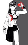  1girl abs bandaid bandaid_on_cheek bandaid_on_face boxing_gloves breasts commentary_request flexing gloves greyscale highres lee_(dragon_garou) long_hair long_sleeves low_twintails medium_skirt monochrome neckerchief original pleated_skirt red_gloves red_neckerchief school_uniform serafuku short_shorts shorts skirt small_breasts smile split_screen sports_bra spot_color toned toned_female twintails 