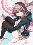  1girl absurdres backpack bag breasts brown_hair brown_skirt collared_shirt commentary_request controller danganronpa_(series) danganronpa_2:_goodbye_despair flipped_hair gabanborjarnon game_controller hair_ornament highres hood jacket large_breasts long_sleeves looking_at_viewer medium_hair miniskirt nanami_chiaki neck_ribbon open_clothes open_jacket pink_bag pink_eyes pink_ribbon pleated_skirt ribbon shiny_skin shirt shoes skirt solo thighhighs white_shirt 