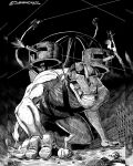  4others ambiguous_gender cart_titan commentary corpse crawling crosshatching greyscale hatching_(texture) helmet highres instagram_username monochrome multiple_others other_focus pillarboxed revision seveninks shingeki_no_kyojin ship_turret smoke three-dimensional_maneuver_gear titan_(shingeki_no_kyojin) 
