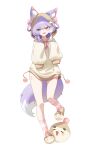  1girl :d absurdres animal_ears brown_hoodie commentary como_szsz ears_through_hood fang fox_ears fox_girl fox_tail full_body hair_ornament highres hood hood_up hoodie inari_(tenko_shibuki) multicolored_hair no_pants open_mouth pom_pom_(clothes) pom_pom_hair_ornament purple_hair simple_background skin_fang sleeves_past_fingers sleeves_past_wrists slippers smile socks stellive striped_clothes striped_socks symbol-only_commentary tail tenko_shibuki two-tone_hair two-tone_hoodie virtual_youtuber white_background white_hair white_hoodie 