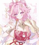  1girl blush breasts chinese_commentary cleavage closed_mouth commentary_request diamond-shaped_pupils diamond_(shape) earrings elf elysia_(hi_love_elf)_(honkai_impact) elysia_(honkai_impact) elysia_(moonlit_grace)_(honkai_impact) feixianji_(hairstyle) fingernails flower hair_ornament hair_rings hand_fan highres holding holding_fan holding_flower honkai_(series) honkai_impact_3rd jewelry looking_at_viewer medium_breasts multicolored_hair official_alternate_costume pink_hair pointy_ears purple_eyes shuangyaji smile solo streaked_hair symbol-shaped_pupils tdatnst tuanshan upper_body 