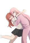  2girls blue_eyes bocchi_the_rock! c3444767 gotoh_hitori grey_skirt hashtag-only_commentary highres hug jacket kita_ikuyo long_hair multiple_girls one_eye_closed pants pink_hair pink_jacket pink_pants pink_track_suit red_hair school_uniform shuka_high_school_uniform side_ponytail simple_background skirt smile teeth track_suit white_background yuri 