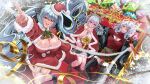  3girls absurdres admi_(nikke) antlers black_boots black_bra blue_hair blue_streaks boots bra breasts capelet cleavage cleavage_cutout clothing_cutout commentary_request dress fake_antlers fur-trimmed_capelet fur-trimmed_dress fur_trim goddess_of_victory:_nikke green_skirt hat highres horns hyaruri long_hair looking_at_viewer medium_hair multiple_girls privaty_(nikke) red_capelet red_dress red_hat red_shirt reindeer_antlers santa_costume santa_dress santa_hat shirt skirt thigh_boots twintails underwear very_long_hair yulha_(nikke) zettai_ryouiki 