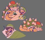 2024 4_fingers 5_fingers anthro armband black_armband black_facial_hair black_mustache blue_clothing blue_overalls blush bodily_fluids bowser bracelet button_(fastener) closed_smile clothed clothed_human clothed_male clothing collar colored curved_horn didy414 digital_drawing_(artwork) digital_media_(artwork) drooling duo eyebrows eyes_closed facial_hair fangs fingers fully_clothed fully_clothed_human fully_clothed_male gloves green_background green_blanket green_clothing green_nightcap green_shell green_shirt green_topwear hair handwear happy hat head_on_pillow headgear headwear hi_res holding_object holding_plushie horn human jewelry king koopa larger_anthro larger_male luigi lying male male/male male_anthro male_human mammal mario_bros mouth_closed multicolored_body multicolored_scales multiple_images mustache nightcap nintendo on_front open_mouth orange_eyebrows orange_hair overalls pillow plushie polka_dot_clothing royalty saliva scales scalie sharp_teeth shell shirt short_hair simple_background size_difference sleeping smaller_human smaller_male smile sound_effects spiked_bracelet spiked_collar spiked_shell spikes spikes_(anatomy) tail tan_body tan_horn tan_scales tan_skin tan_spikes teeth thick_eyebrows toothy_grin topwear vowelless vowelless_sound_effect white_clothing white_gloves white_handwear white_pillow yellow_body yellow_scales yellow_tail zzz